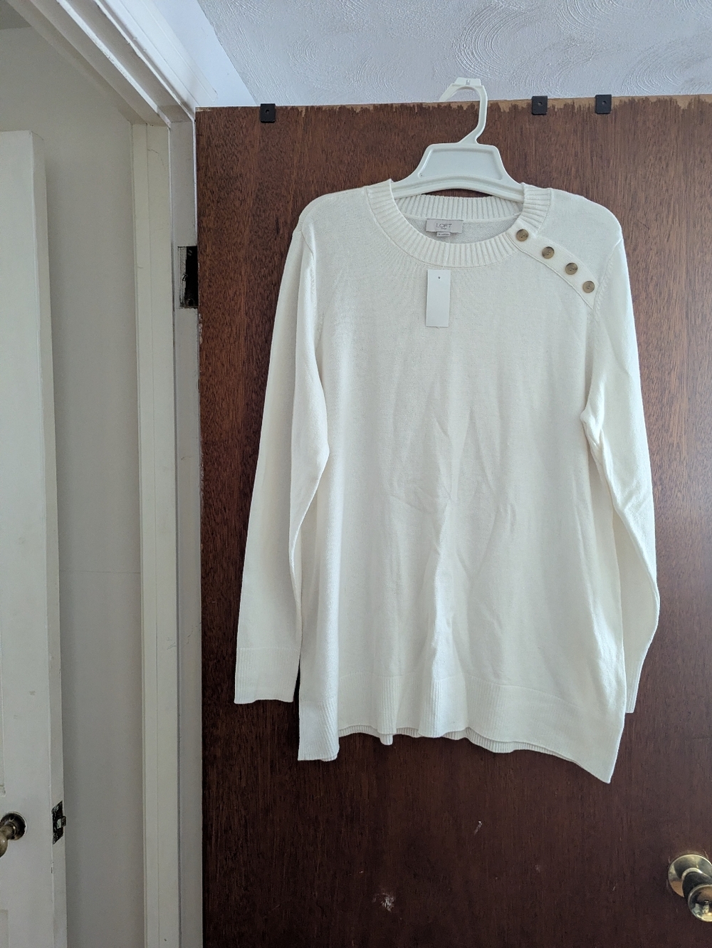 LOFT Cream Crewneck Sweater with Shoulder Buttons